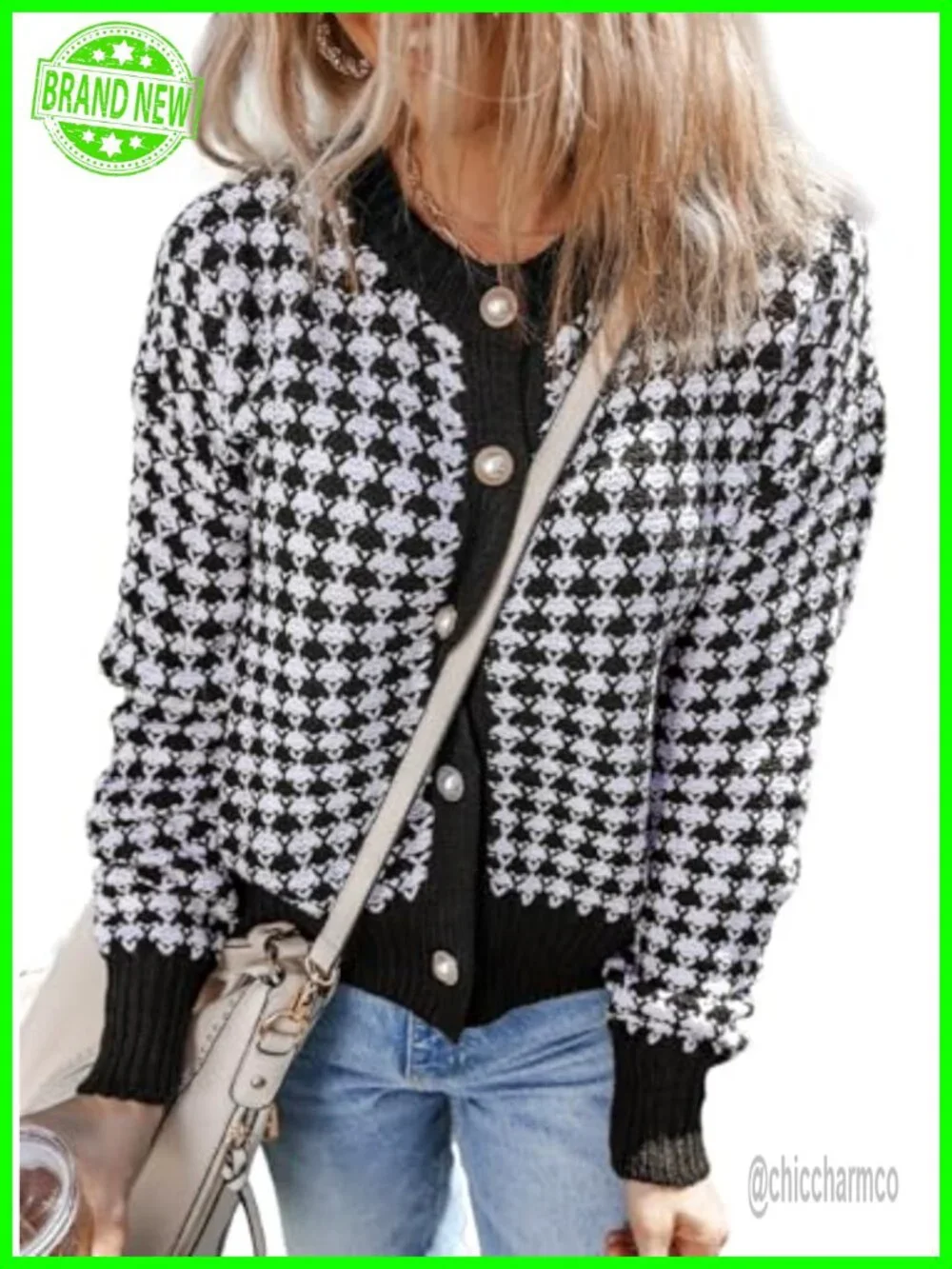 V Neck Button Down Long Sleeve Plaid Knit Cardigan Sweater